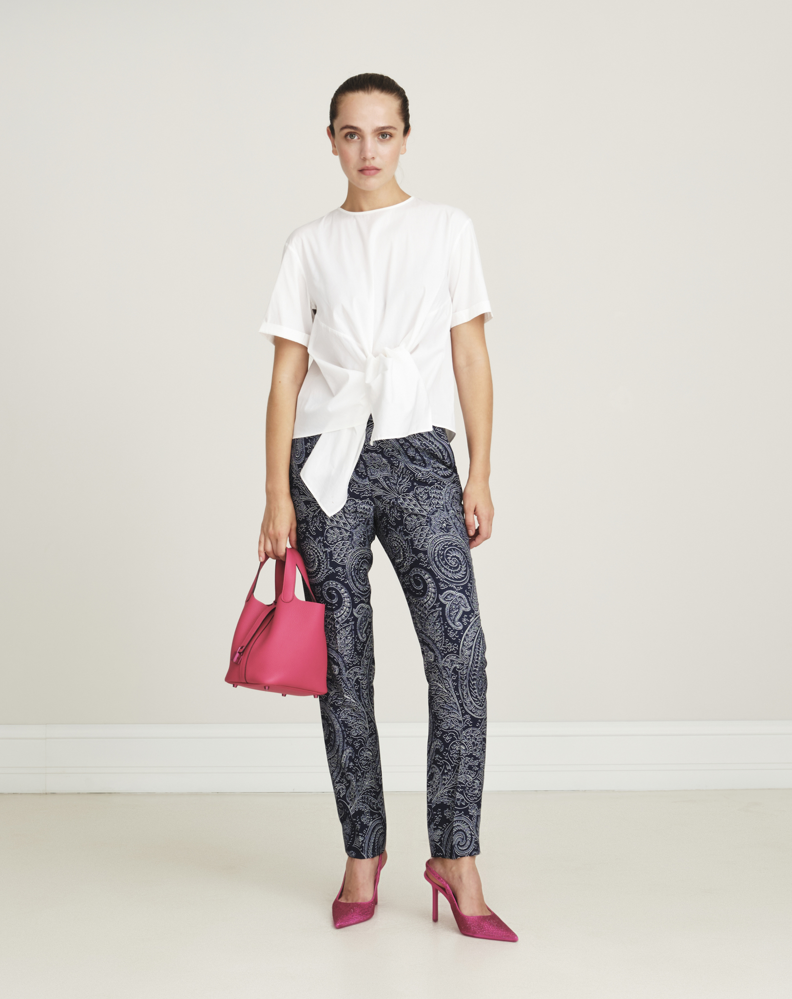 Etro- Navy Paisley Print High Rise Slim Pants  IT42